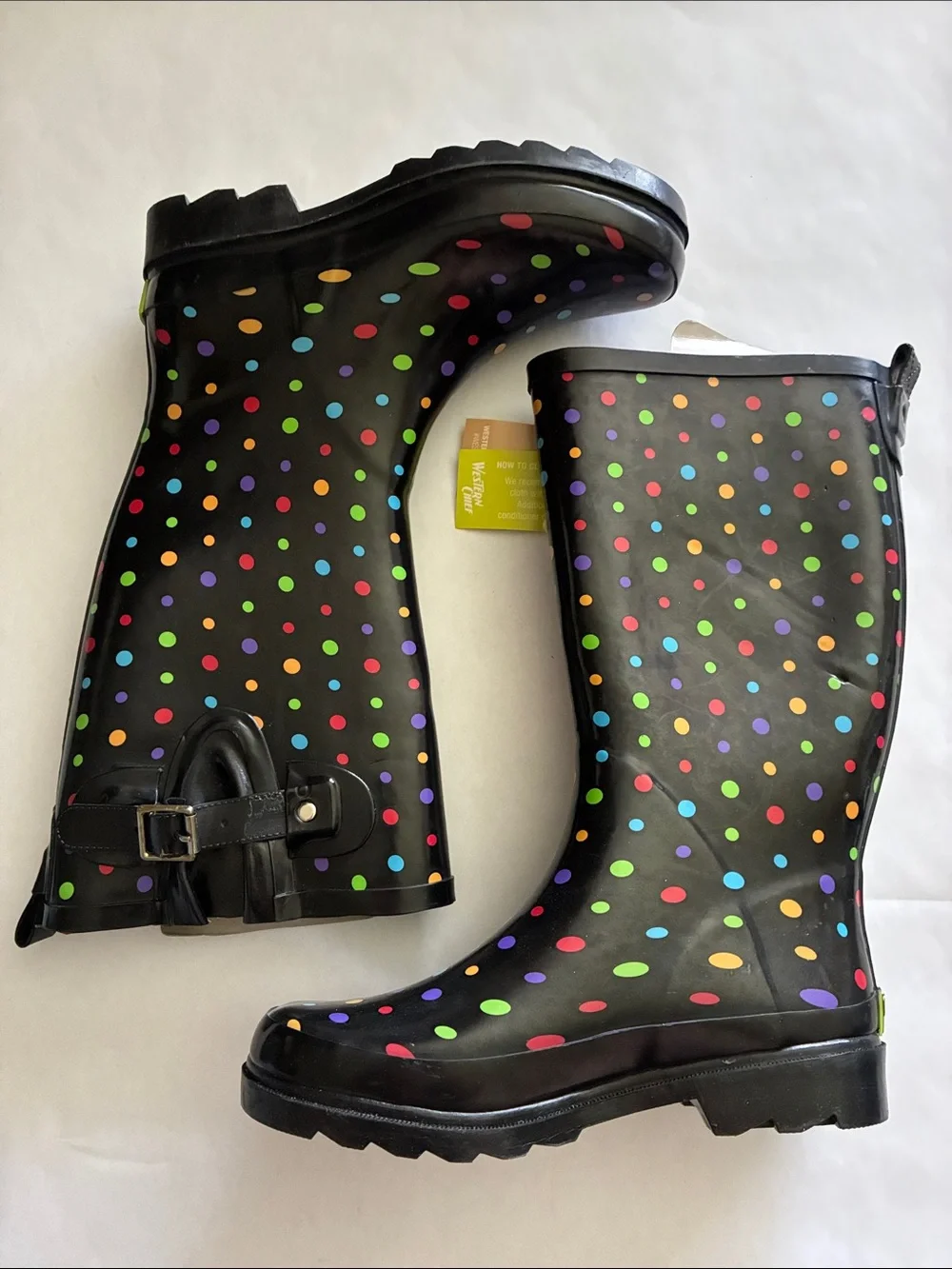 Western Chief Black Rain Boots with Multicolor Polka Dots
